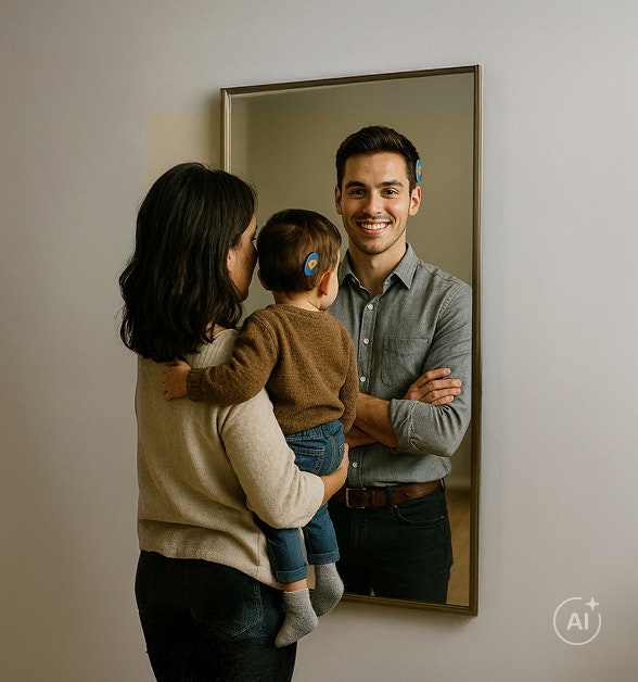 Uma mãe e sua filha pequena olham para um espelho e imaginam o futuro possível da criança