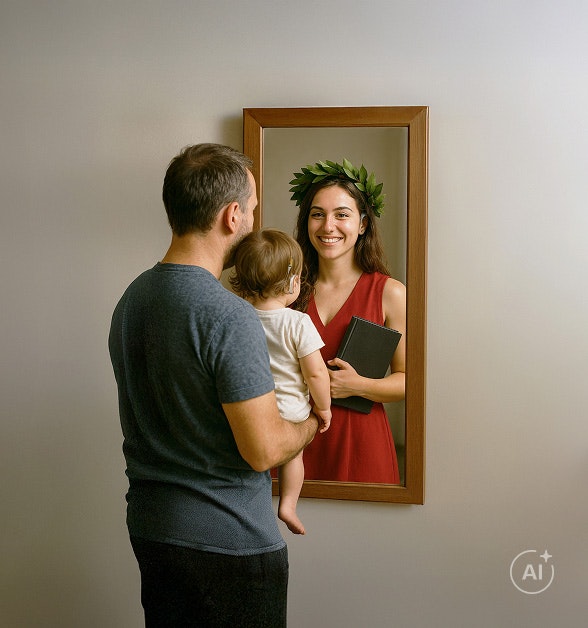 Una madre e una bimba si guardano allo specchio e immaginano il possibile futuro della bambina