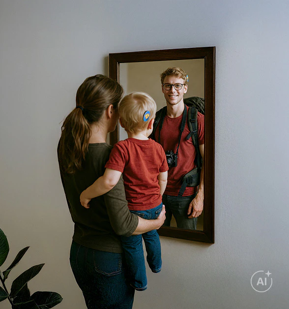 Ein Elternteil und ein kleines Kind blicken in den Spiegel und stellen sich die mögliche Zukunft des Kindes vor